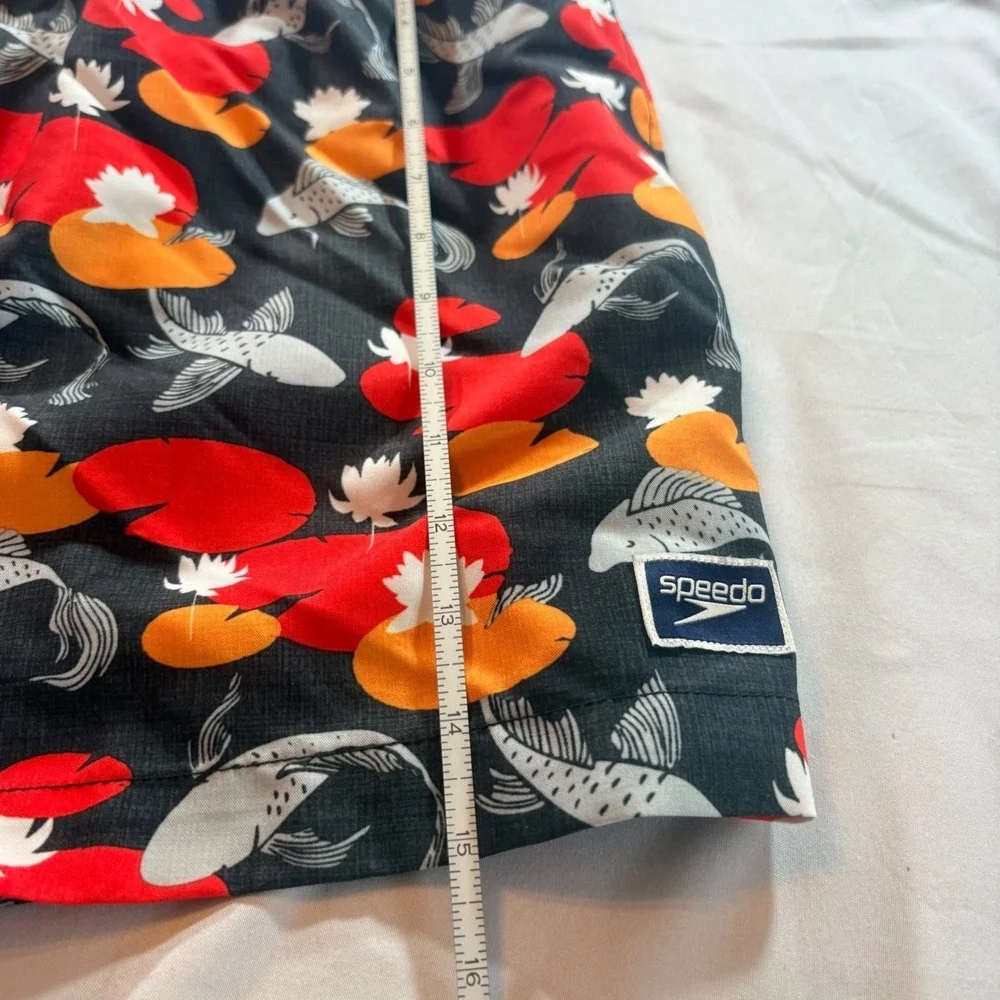 Speedo Swim Trunks Men XXL Black Koi Fish Lily Pad Print Mesh Lined Board Shorts
